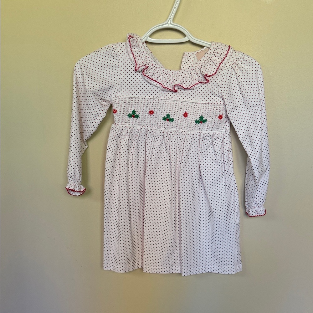 Girls' White Polka Dot Dress with Red Trim